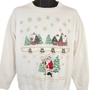 Christmas Sweatshirt Mens Size Large Vintage 90s Santa Claus Reindeer Houses